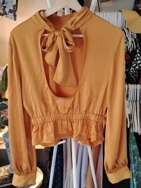 Open Edit Open-Back Tie-Neck Peplum Blouse - Mustard-golden